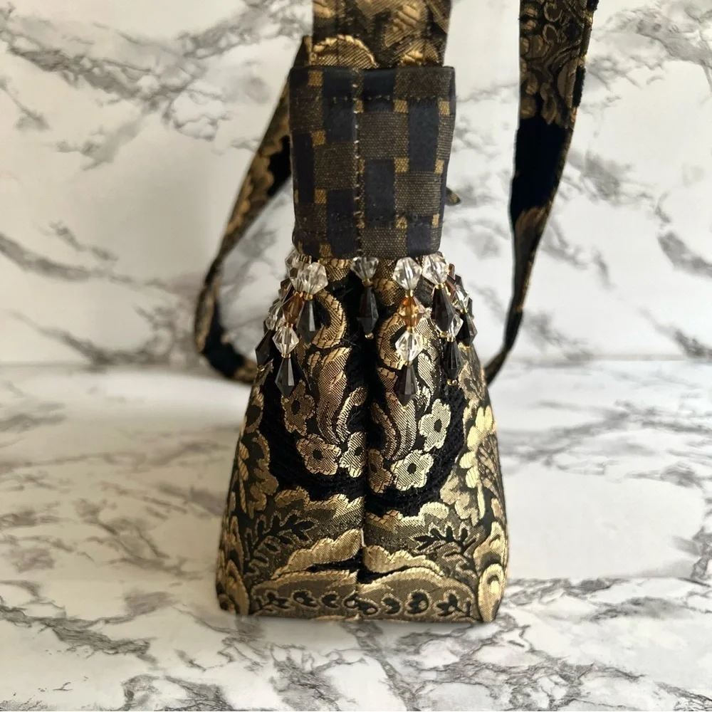 Bag Crossbody Shoulder Artisan Brocade Black Gold Metallic Beaded Tapestry